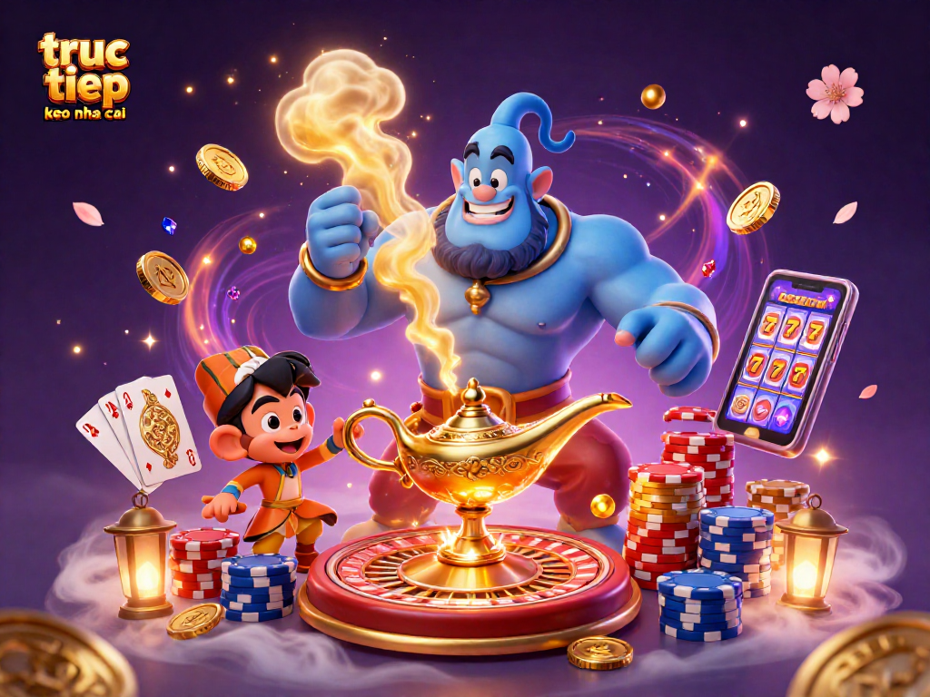 Experience the magic of truc tiep keo nha cai with a dynamic casino scene featuring a blue genie and poker elements.