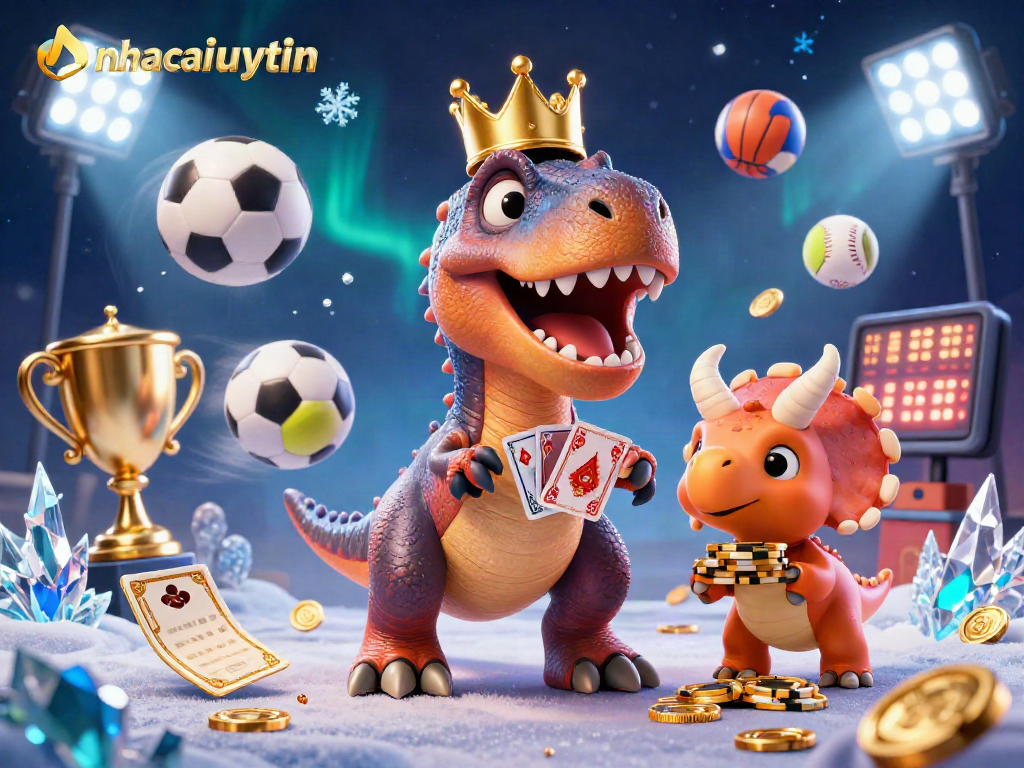 Engage with nhacaiuytin's vibrant casino scene featuring a cartoon T-Rex playing cards and stacking chips.
