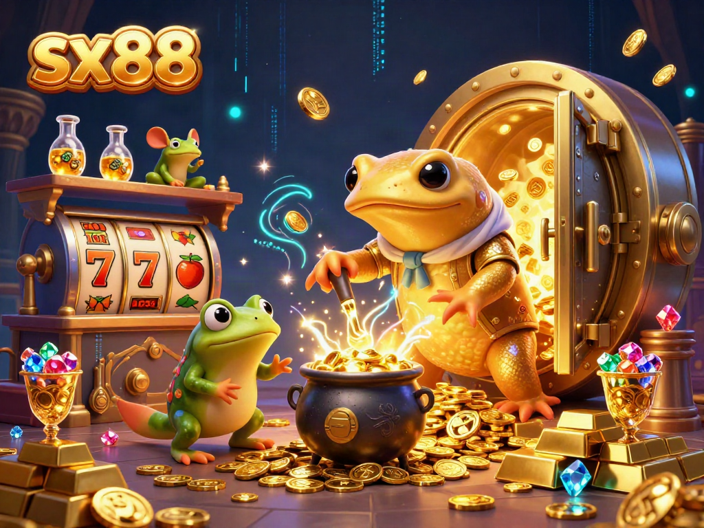 Sparkling scene with sx88 featuring a golden salamander alchemist and dynamic slot symbols in a magical casino.