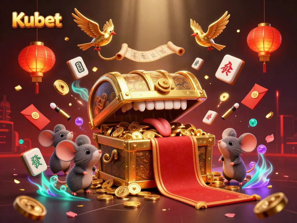 Kubet showcases an animated golden treasure chest attracting adventurer mice, adorned with gambling themes and vibrant casino elements.