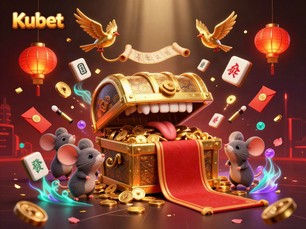 Kubet showcases an animated golden treasure chest attracting adventurer mice, adorned with gambling themes and vibrant casino elements.