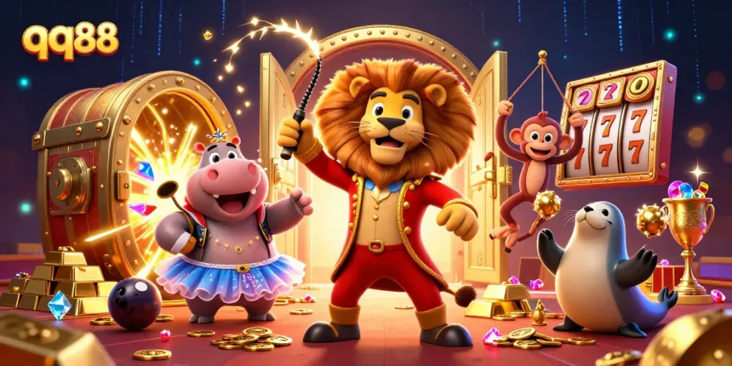 Engaging qq88 casino scene featuring colorful cartoon characters and dynamic gaming elements.