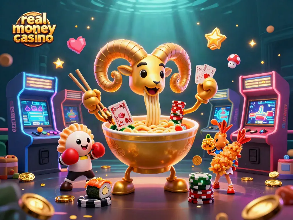 Experience the vibrant scene of a real money casino with colorful characters and gaming elements.