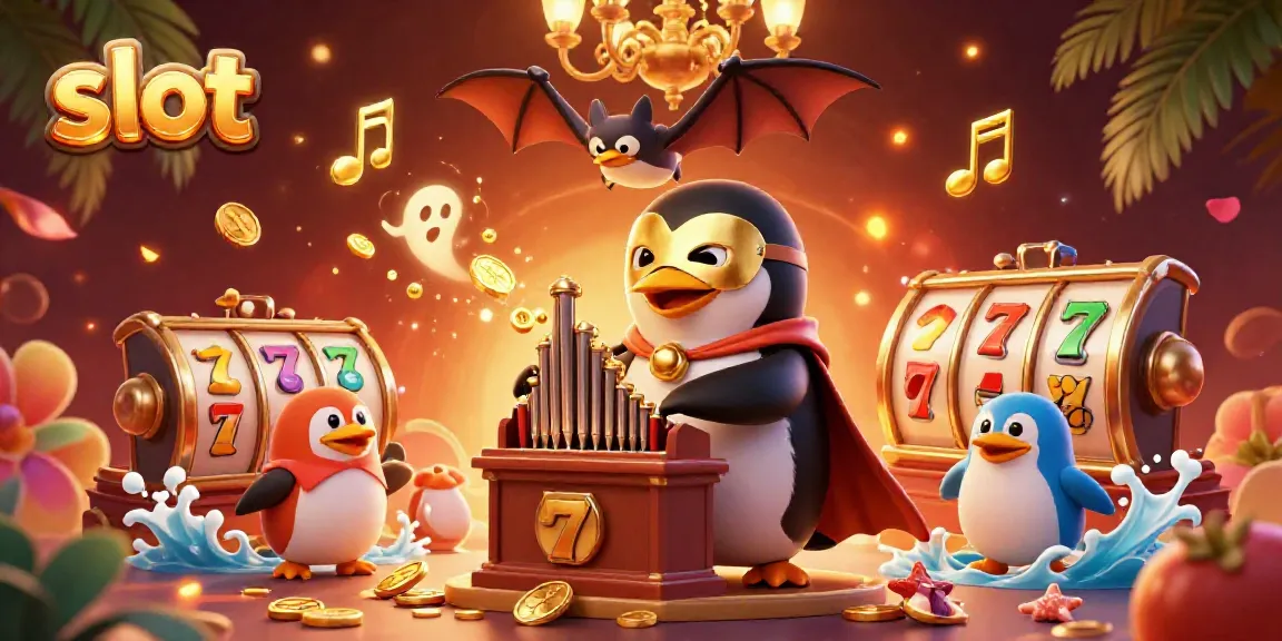 Slot menyajikan gambar kartun dengan penguin bermain organ yang memancarkan koin emas.