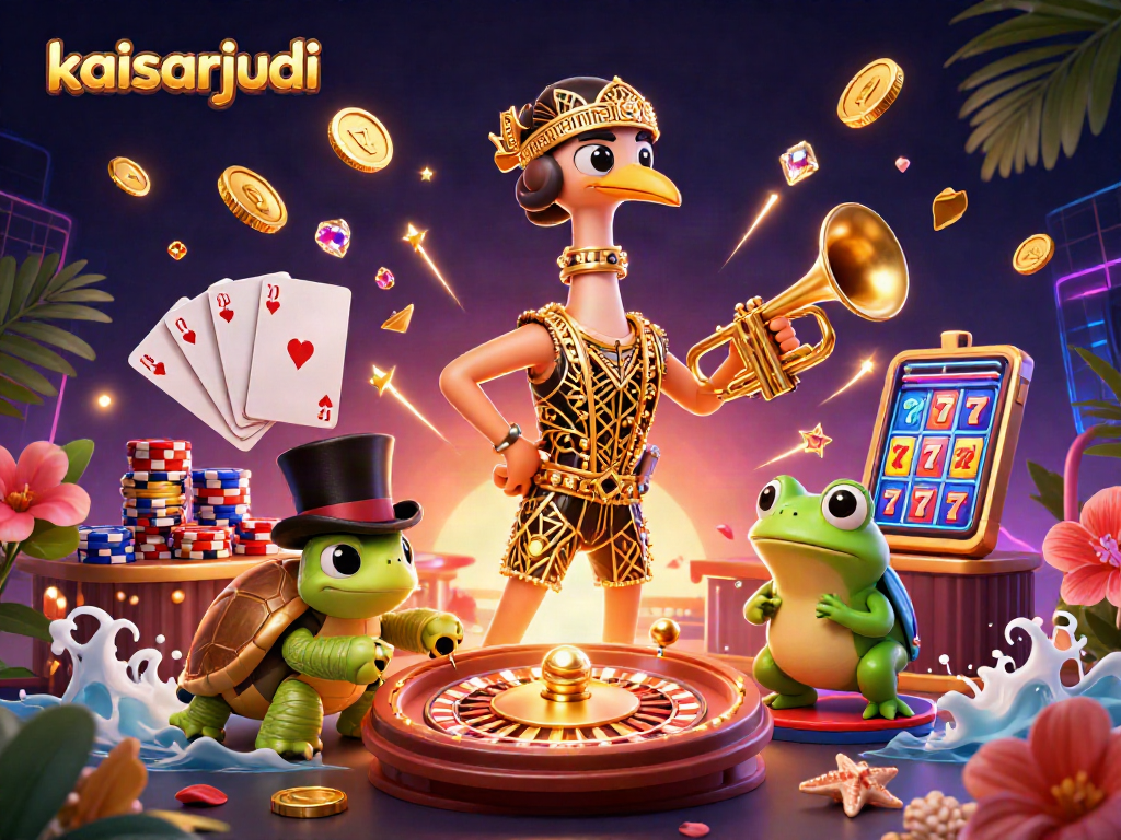 Kaisarjudi's lively casino illustration showcases vibrant characters and dynamic gaming elements.