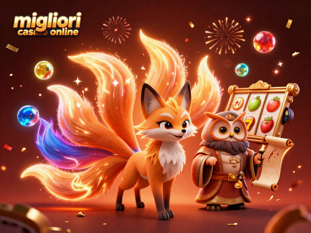 Gioca nei migliori casinò online con un'illustrazione vivace di creature magiche e simboli di vincita.