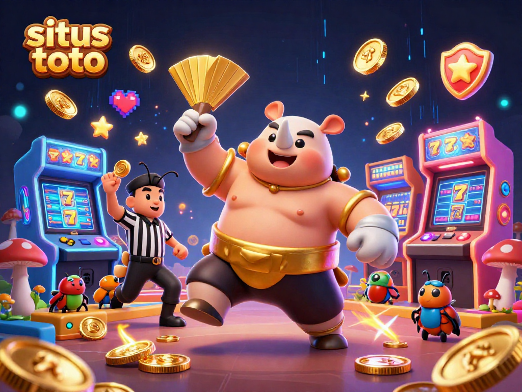 Situs toto showcases an exciting gaming scene with a beetle champion and dynamic slot elements.