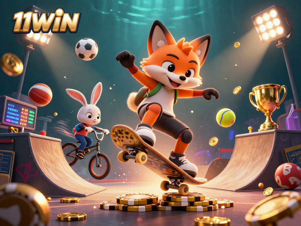 Experience thrilling action at 11WIN with a dynamic skateboarding fox over golden poker chips and vibrant casino graffiti.