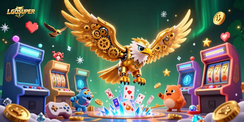 Experience thrilling gaming with LGOSUPER's vibrant 3D illustration featuring a cybernetic eagle amidst casino elements.
