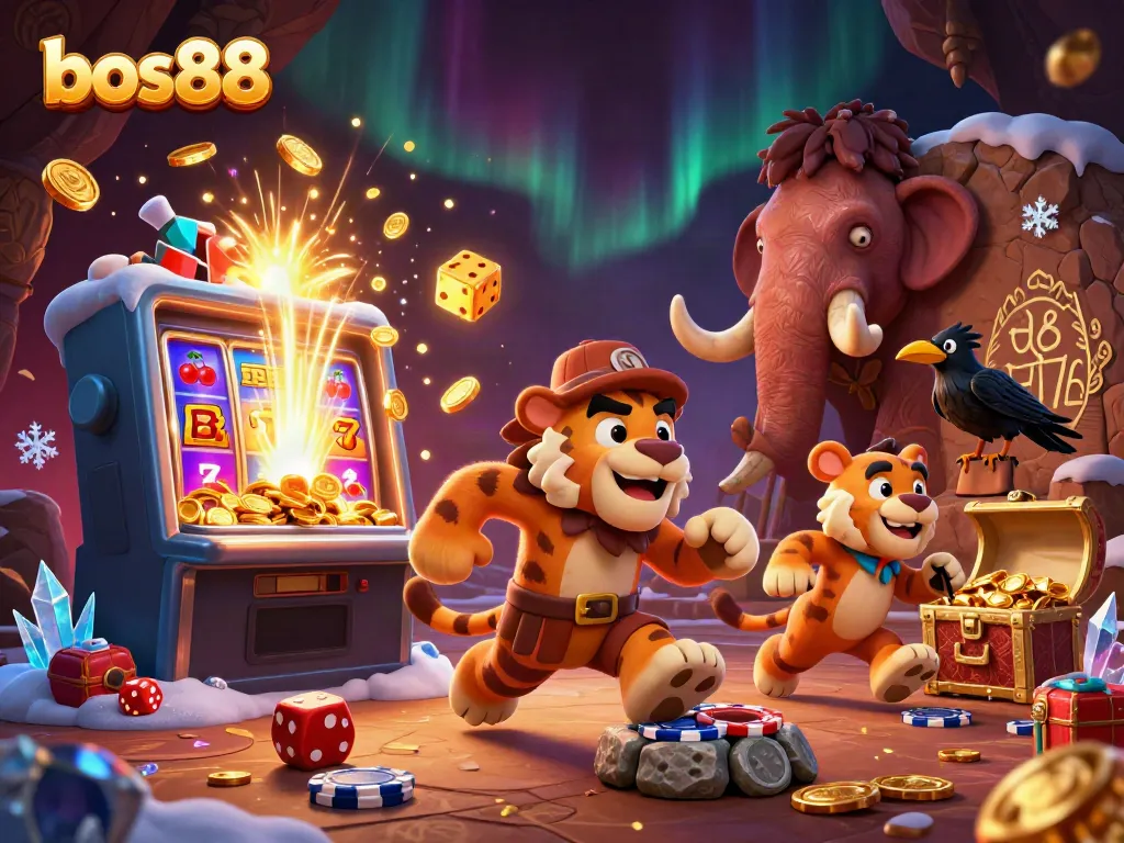 Experience the excitement of bos88 with a dazzling casino scene featuring colorful slot machines and prehistoric characters.