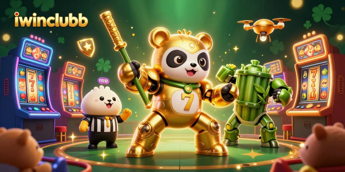 Join iwinclubb in this vibrant casino arena with a panda pilot facing dynamic slot excitement.
