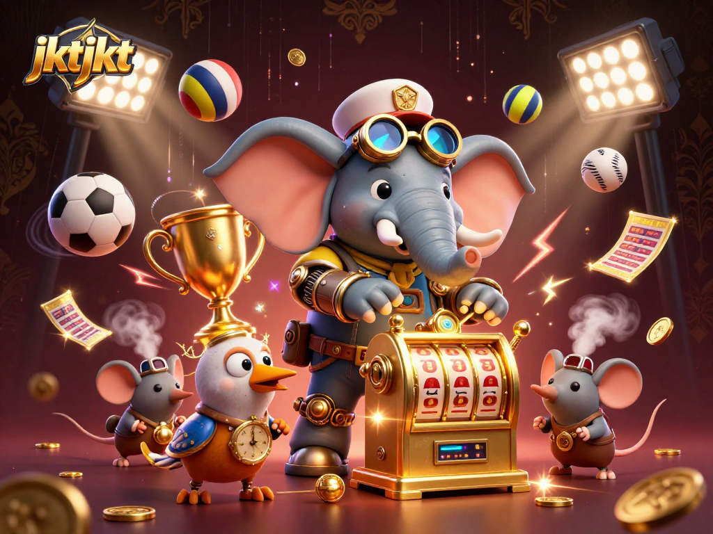Menangkan taruhan di jktjkt dengan mesin slot emas, bola olahraga, dan trofi kejuaraan berkilau.