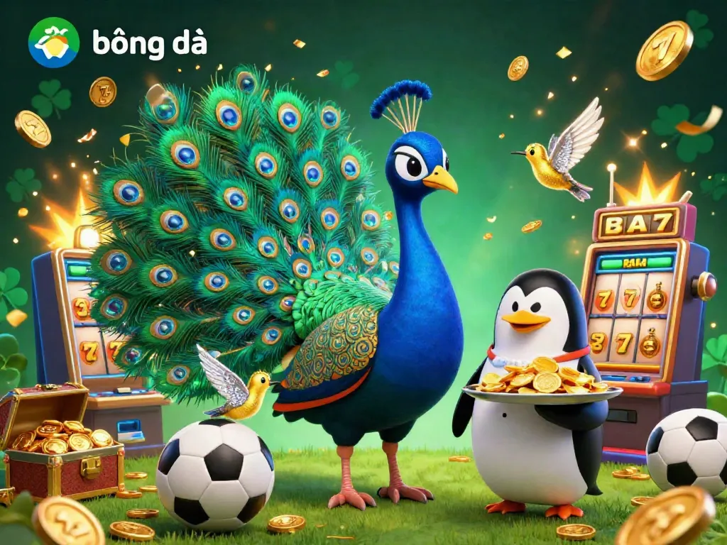 Engaging illustration of kèo bóng đá featuring a vibrant peacock, a butler penguin, and dynamic betting elements.