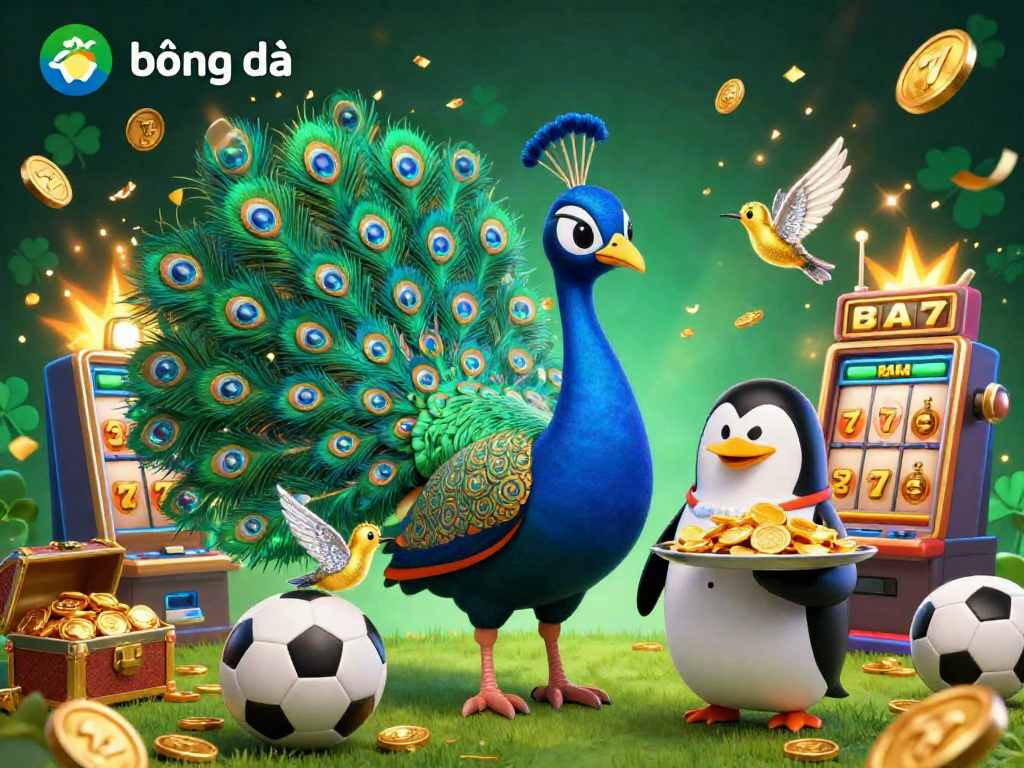 Engaging illustration of kèo bóng đá featuring a vibrant peacock, a butler penguin, and dynamic betting elements.