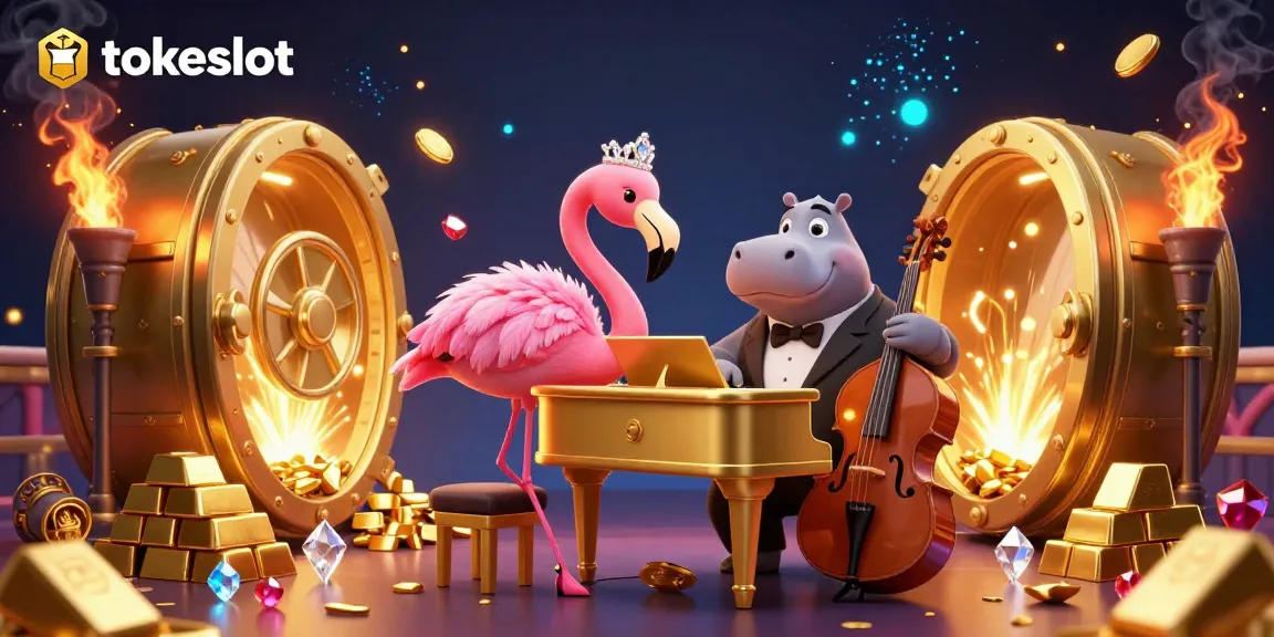 Play exciting games at Tokeslot with a vibrant casino scene featuring unique characters and gold elements.