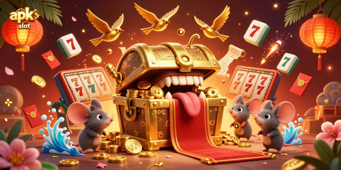 Engaging in apk slot gaming with a vibrant 3D scene showcasing treasure and gaming elements.