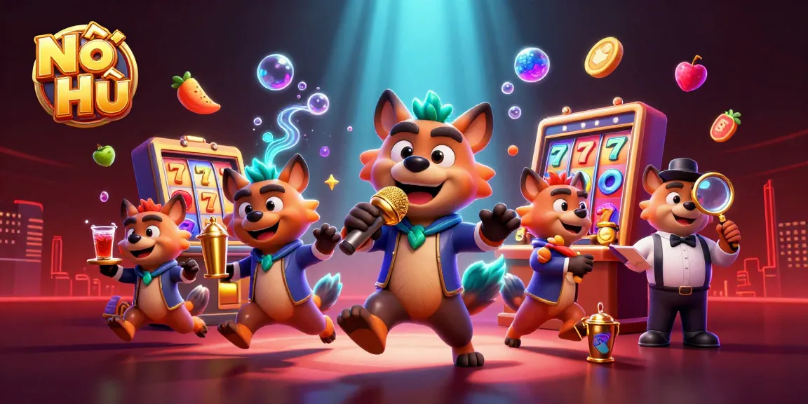 Nổ Hũ reveals a 3D pack of hyenas immersed in a vibrant casino scene, celebrating with lucky symbols and slot reels.