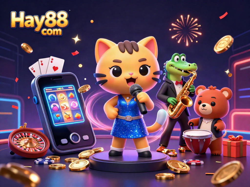 Engage with the vibrant atmosphere of Hay88 com's casino scene featuring energetic cartoon characters amidst colorful gambling elements.