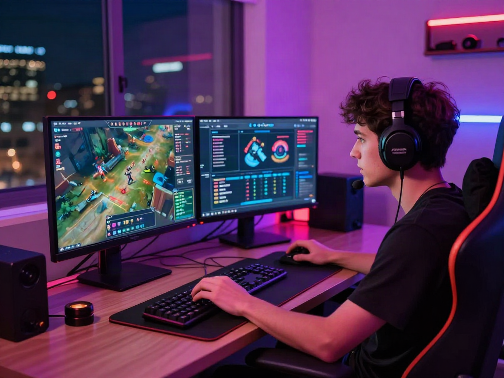 Dynamic gaming setup featuring a focused player engaging with qqmacan on dual screens in an illuminated gaming room.