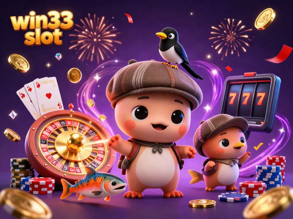 Experience the thrill of win33 slot with colorful characters and casino elements in a vibrant 3D illustration.