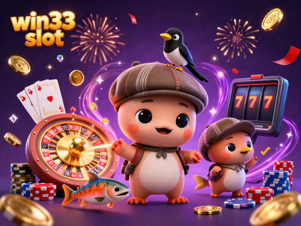 Experience the thrill of win33 slot with colorful characters and casino elements in a vibrant 3D illustration.