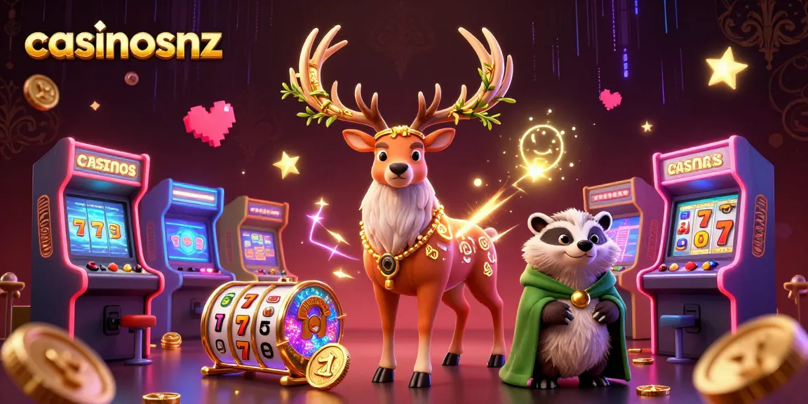 Experience casinosnz with vibrant slot reels, a druid stag, and magical game elements.