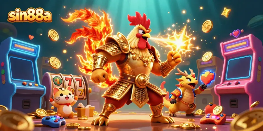 Engage in thrilling gameplay at sin88a while experiencing a vibrant 3D scene with unique characters and casino elements.