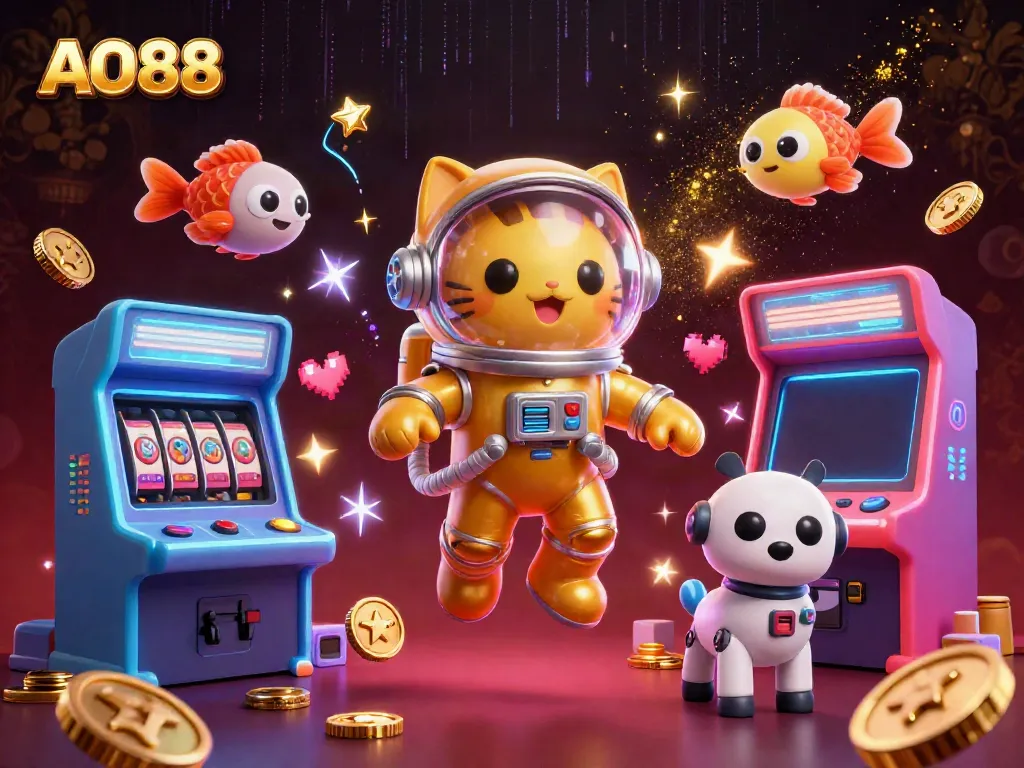 Engage with AO88's vibrant casino adventures featuring a 3D astronaut cat and robot dog.
