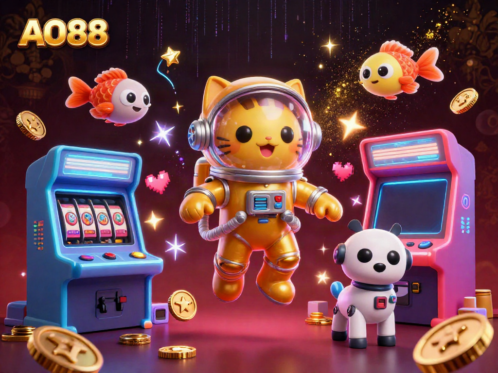 Engage with AO88's vibrant casino adventures featuring a 3D astronaut cat and robot dog.