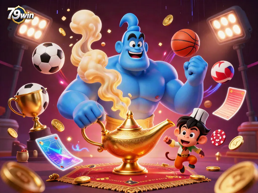 Engage with 79win in a vibrant casino scene featuring a blue genie and poker chips.