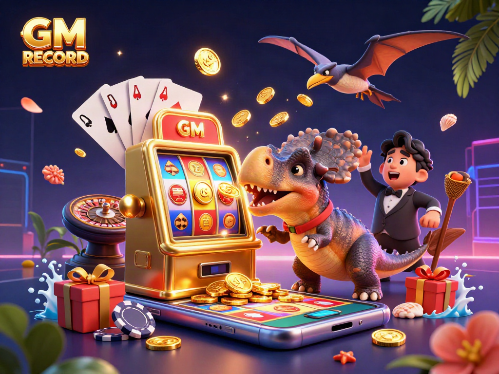 GM RECORD slot machine scene with dinosaurs, coins, and gaming elements in a vibrant casino setting.