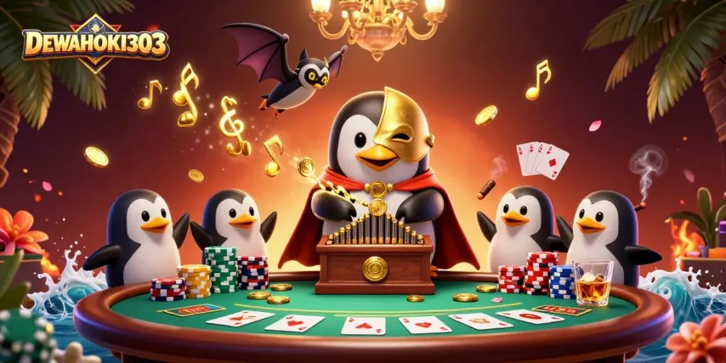 DEWAHOKI303 menghadirkan akrobat kasino semarak dengan penguin, koin, dan elemen permainan.