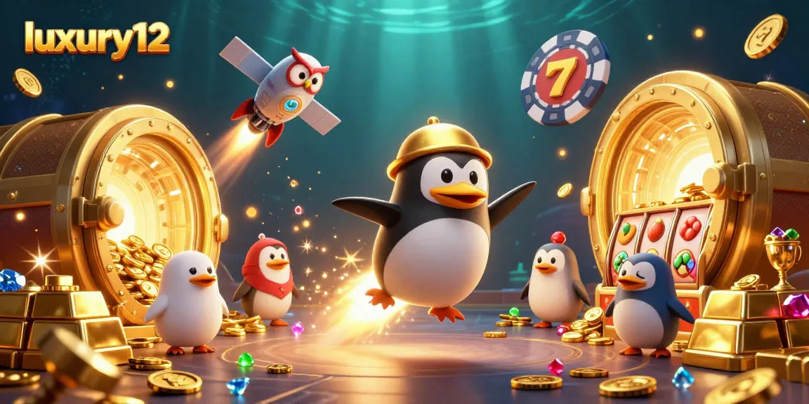 Experience luxury12 thrills in cosmic slots with a golden penguin and poker chip station.