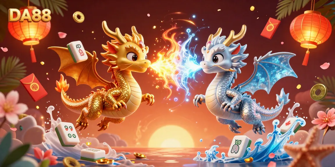 Experience the thrilling dragon duel of DA88 amidst a dynamic casino scene with vibrant gaming elements.