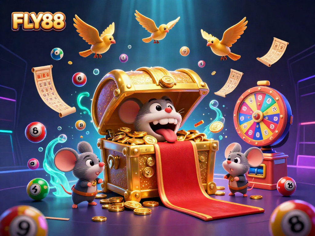 FLY88 captures the excitement of gaming with vibrant lottery balls, a treasure chest, and winning elements.