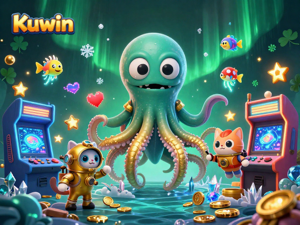 Kuwin casino illustration featuring a colorful kraken and diving cat amidst vibrant game elements.