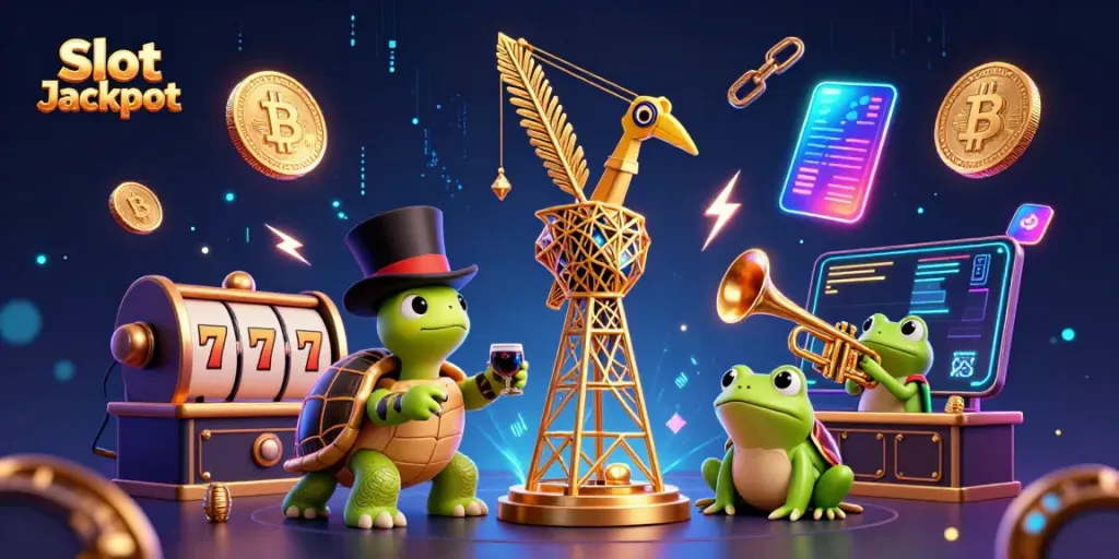 Spin the Slot Jackpot reels as a cartoon crane, turtle, and frog celebrate wins in a vibrant casino scene.