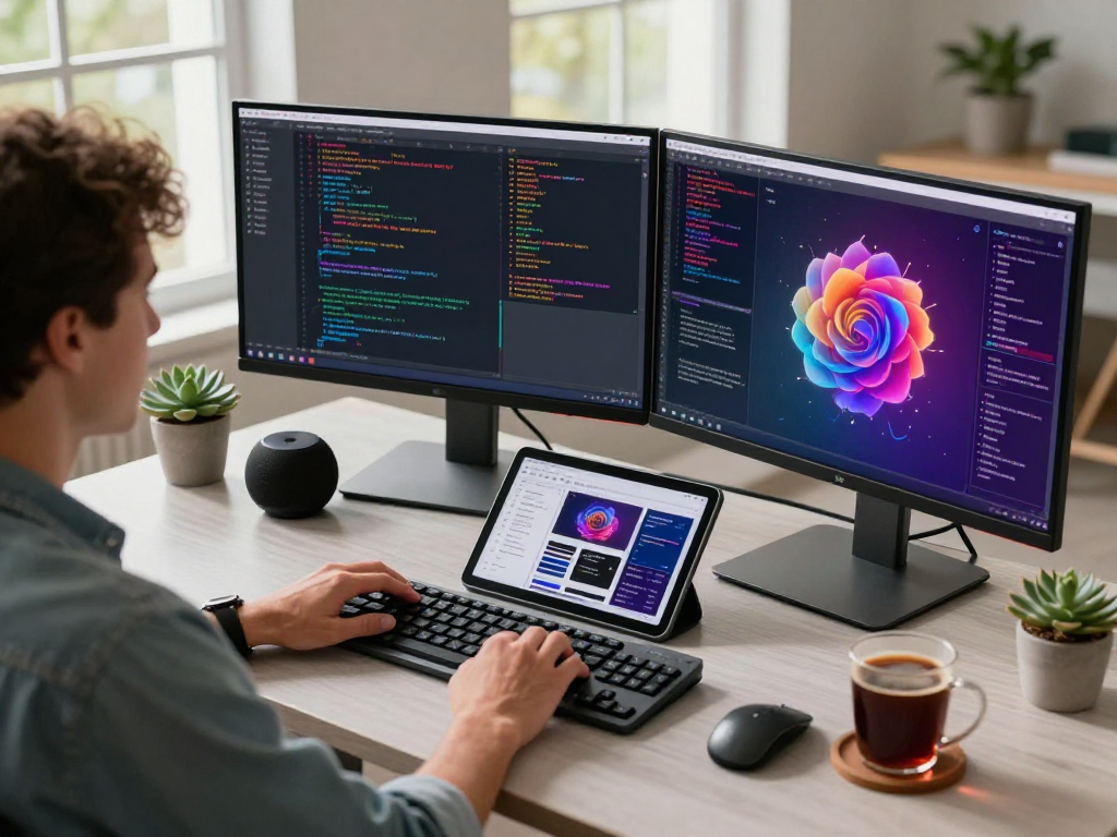Spicy AI development workspace featuring vibrant code, modern tech setup