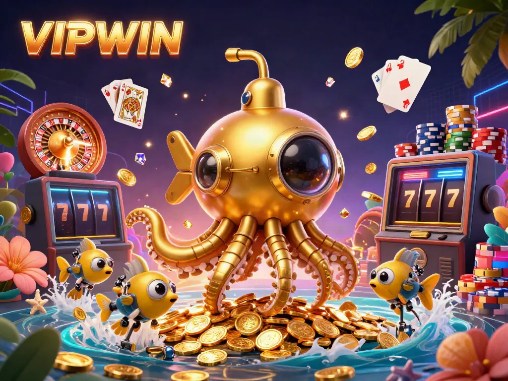 Experience thrilling gameplay at VIPWIN with an enticing scene of a golden kraken submarine amidst cascading coins and roulette wheels.