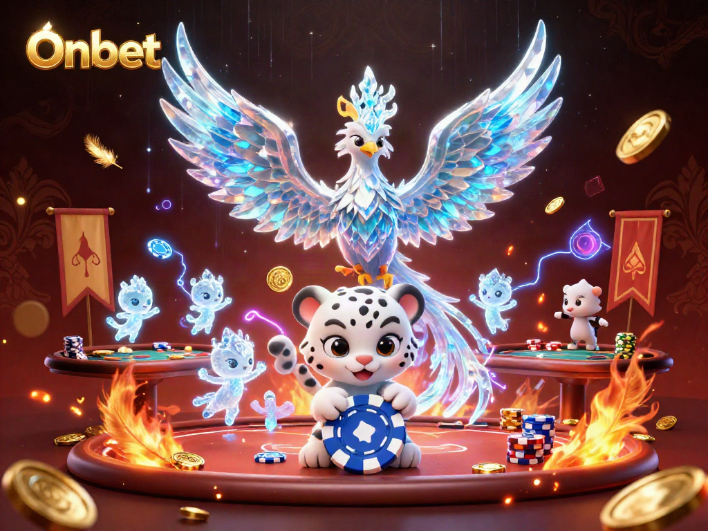 Engage with Onbet's vibrant casino scene featuring an ice phoenix and poker elements.