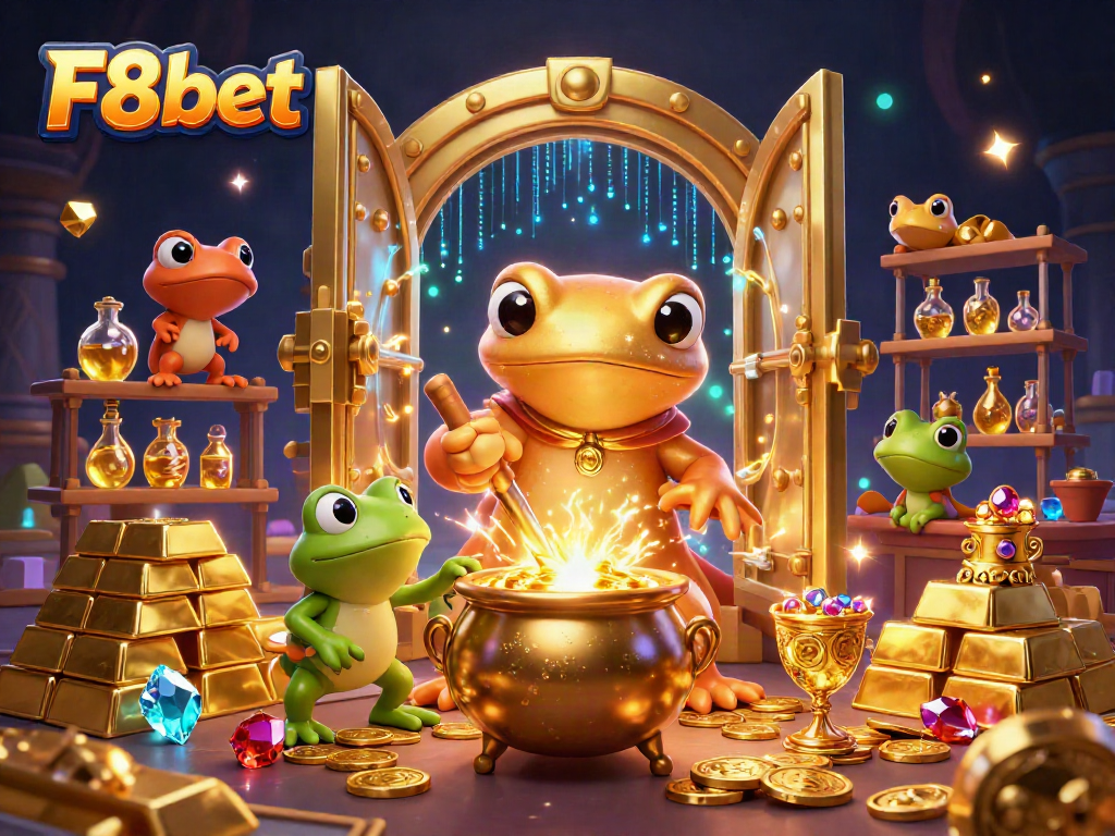 Experience the thrilling world of F8bet with a vibrant 3D scene of alchemists transforming gold and treasures.