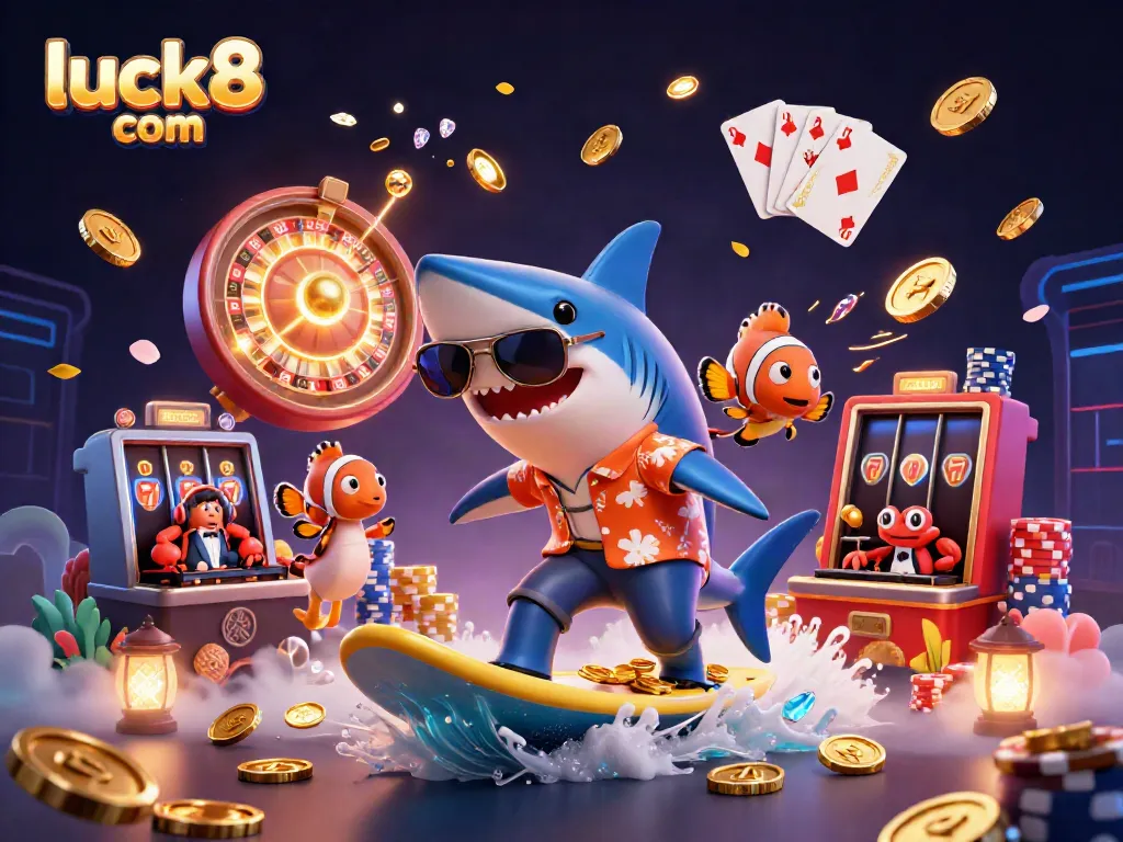 Engage in exciting gaming at luck8 com with a vibrant 3D casino illustration full of winning moments.