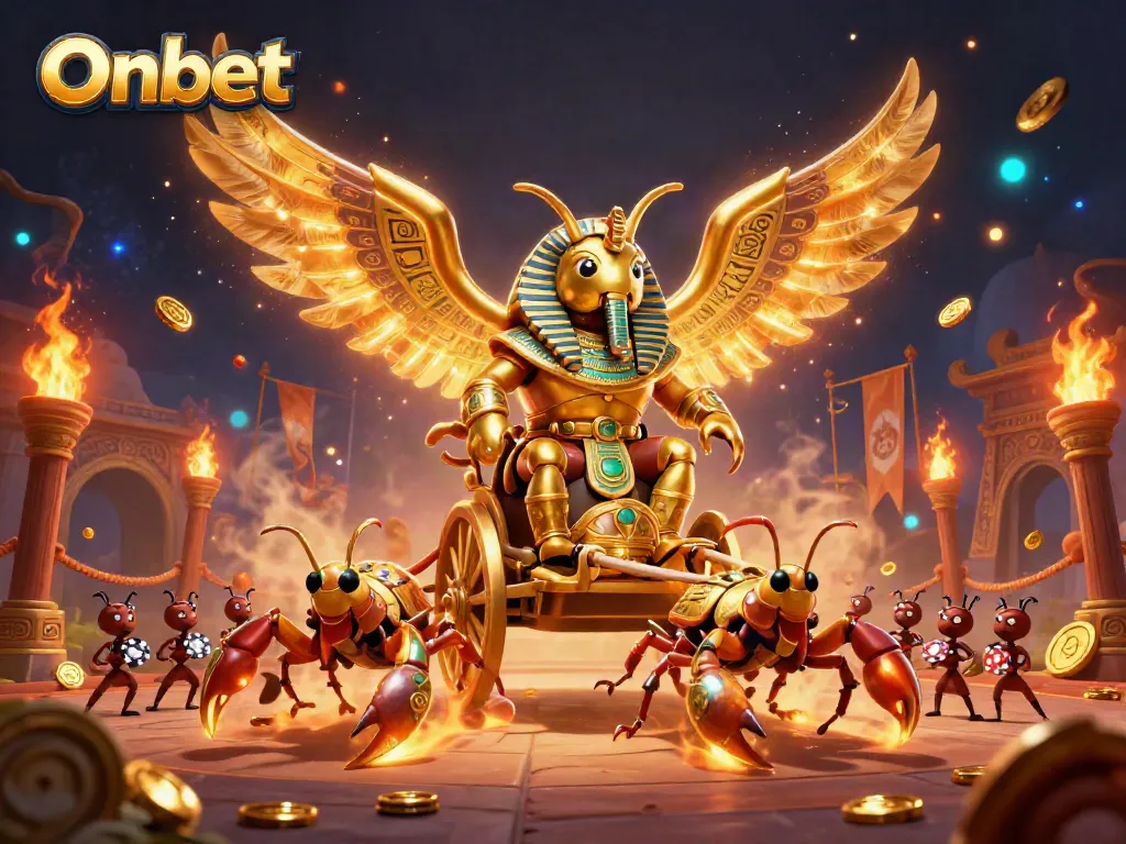 Experience thrilling gameplay at Onbet with a majestic golden beetle chariot amidst vibrant casino elements.