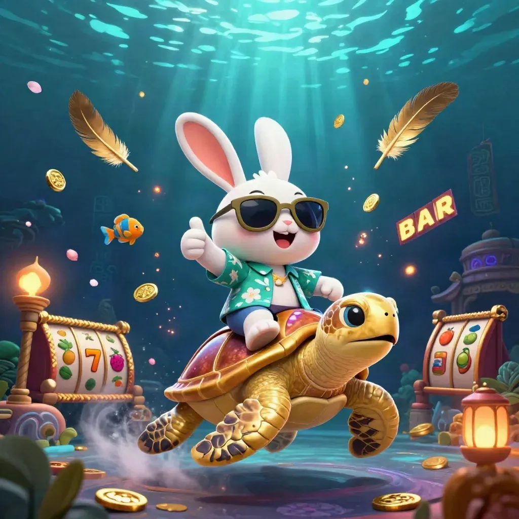 Lucky rabbit rides a gold sea turtle amid neon-cyan underwater casino magic and treasure.