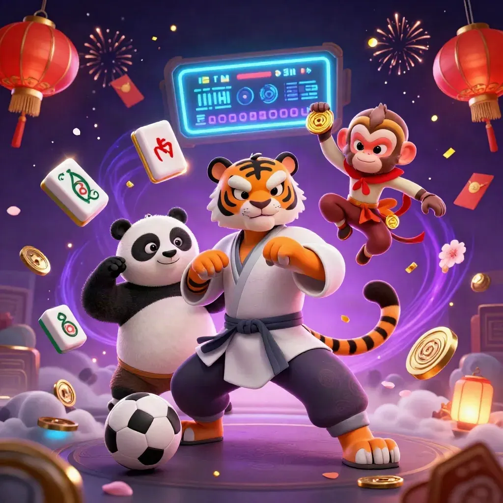 Kung-fu tiger, panda, and monkey with casino props, balls, lanterns, and magical neon effects