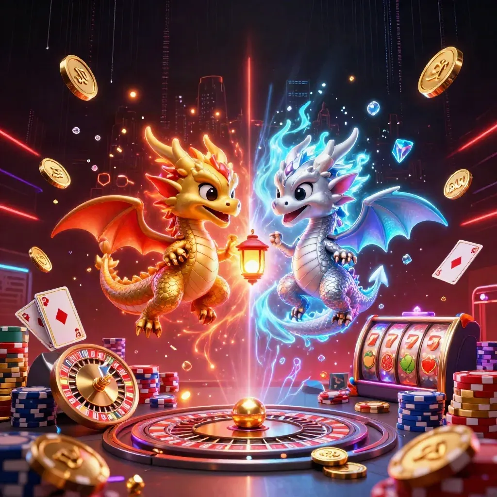 Gold and silver dragons spiral in fire and ice over casino treasure, neon skyline behind.