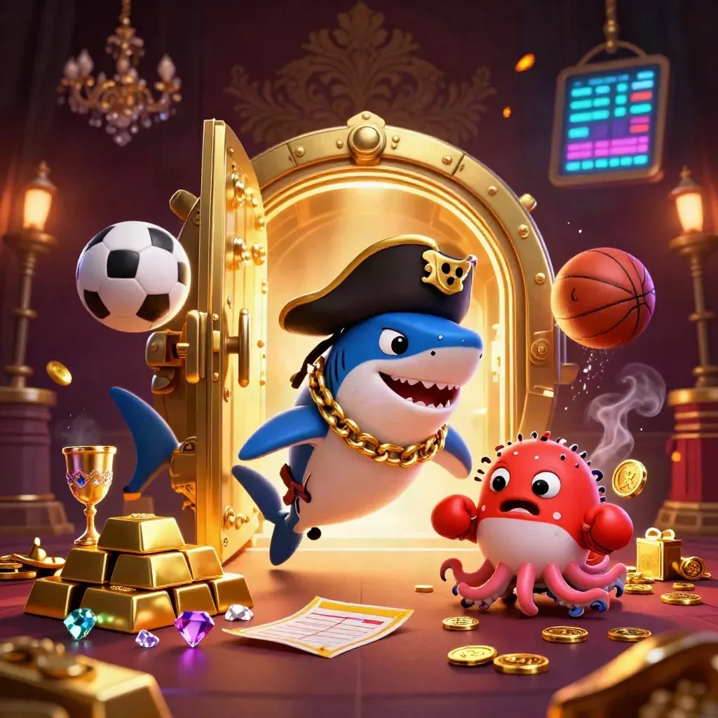 Pirate shark, pufferfish, and octopus amid gold vault light, sports balls, and casino neon.
