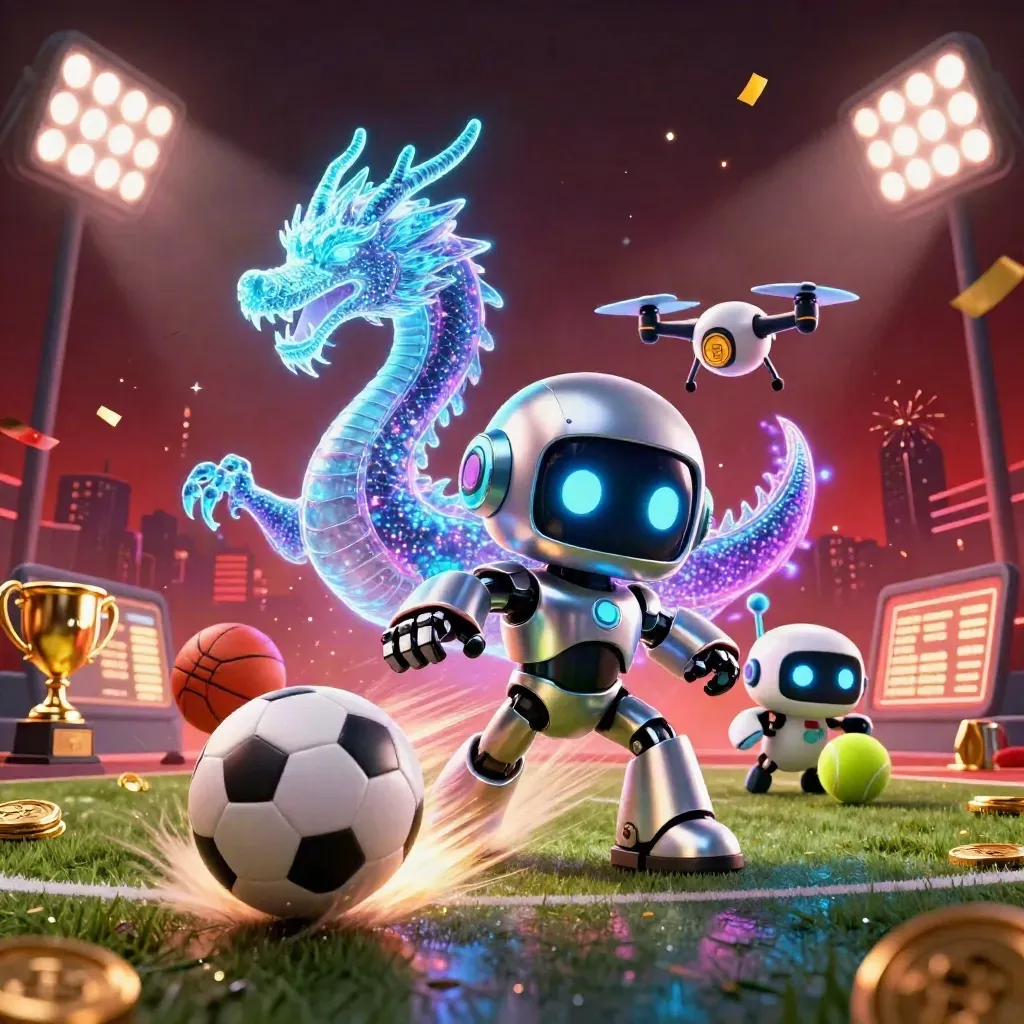 Cyberpunk robot, holographic dragon and coin drone amid flying sports balls and neon casino effects.