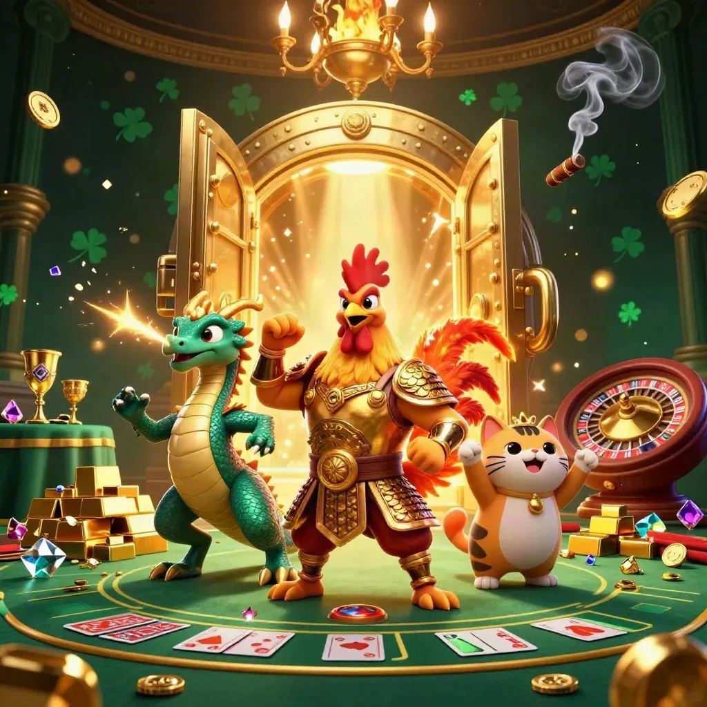 Rooster samurai, spark-breathing dragon hatchling, and fortune cat amid gold vault glow and casino luxe.