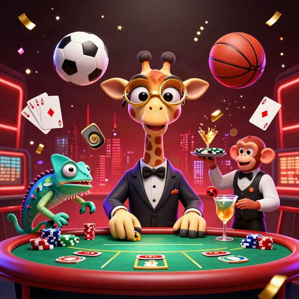 Giraffe, monkey, and chameleon at a poker table as soccer ball and basketball fly through chips